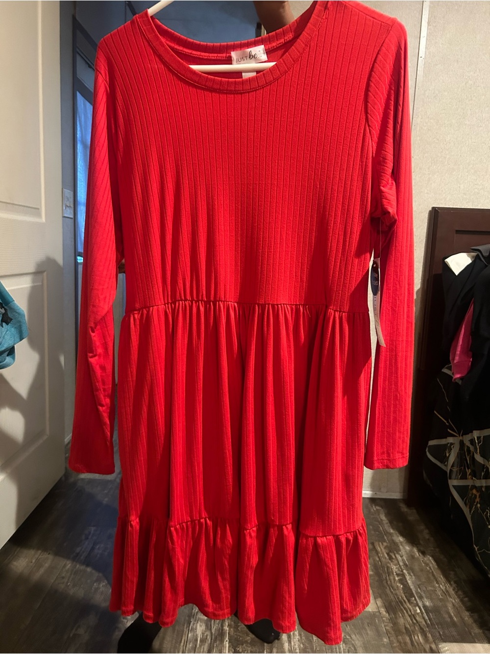 just be Red Ribbed Long-Sleeve Tiered Dress for Girls